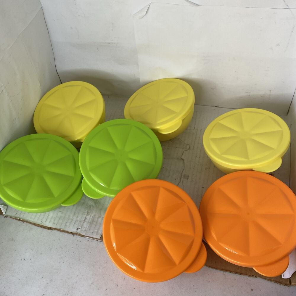 Set Of 7 Tupperware Citrus Keepers Bowls Green Yellow Orange w/ Lids 6871A 6872A
